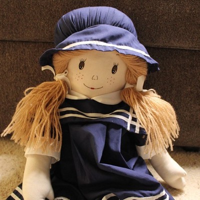 Vintage Sailor Rag Doll Navy Blue Dress Hat Freckles Yarn Hair 18 Inch