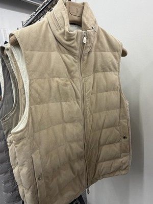 Brunello Cucinelli Beige Quilted Down Suede Vest Men Zip Stand-Up Collar