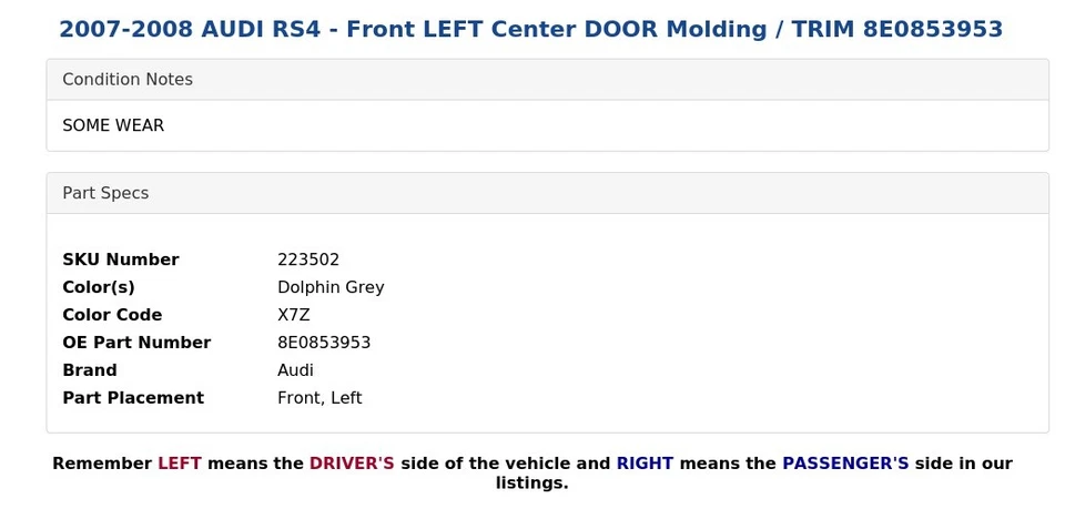 2007-2008 AUDI RS4 - Front LEFT Center DOOR Molding / TRIM 8E0853953 - Image 4 of 4