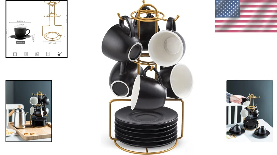 Фарфоровые чашки и блюдца для эспрессо набор с подставкой - элегантный дизайн 3 унц - Изображение 2 из 4