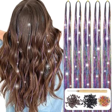 48 Hair Tinsel Kit 1200 Strands Colorful Heat Resistant Sparkling Hair Extension