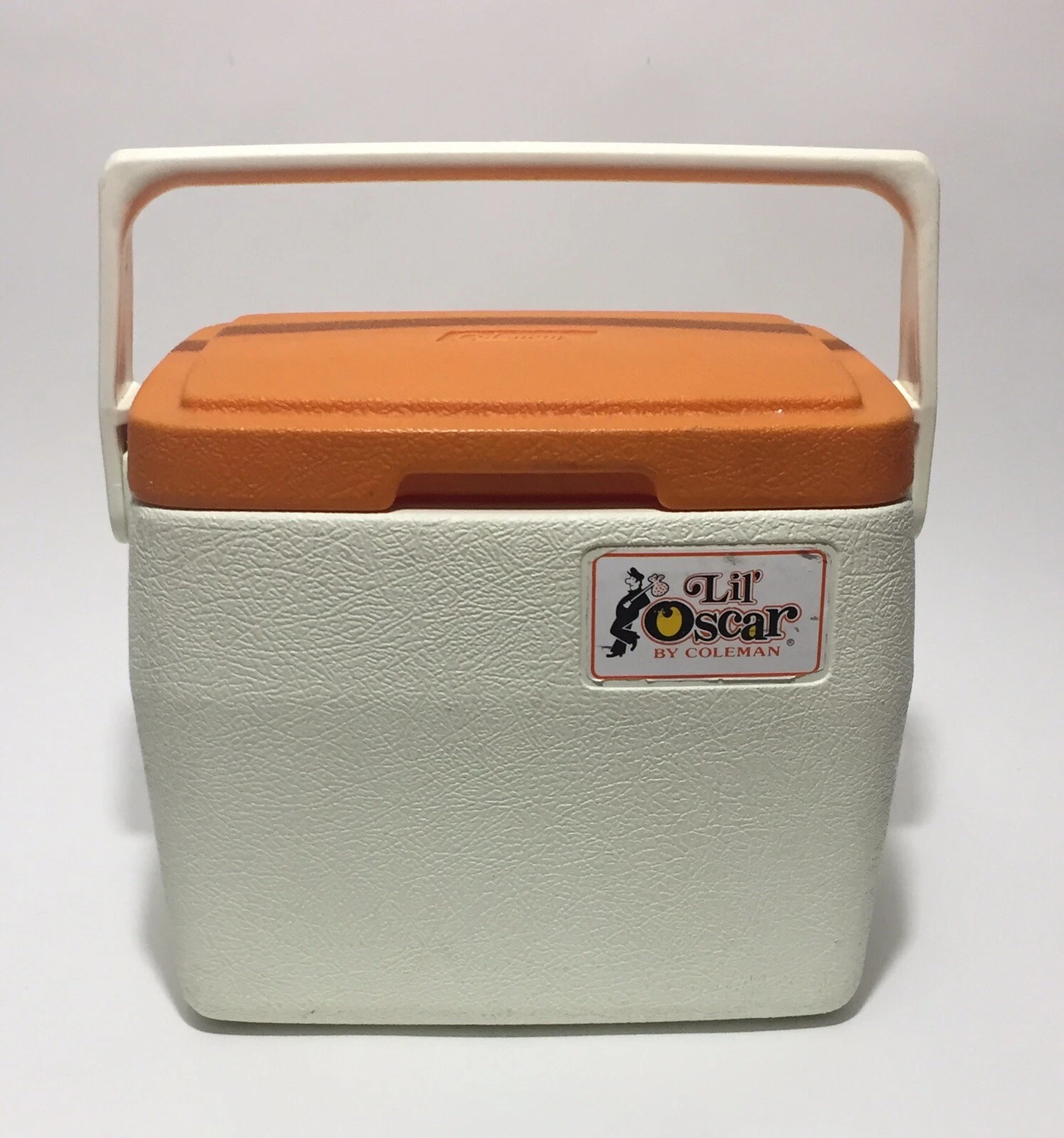 Vintage Lil' Oscar by Coleman Small Orange & White Cooler W/ Drink Holder Lid