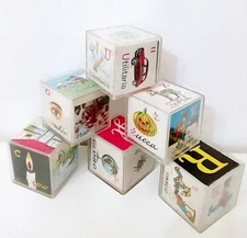 6 Educational Cubes Nice Italian Alphabet Lettering and Plastic Figures Used 60s