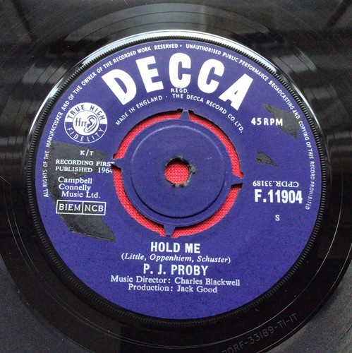 A439, Hold Me, P J Proby, 7" 45rpm Single, Very Good Plus Condition - Foto 3 di 4