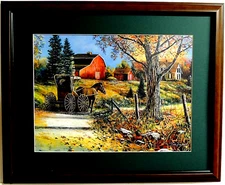 HORSE CARRIAGE PICTURE BUGGY RED BARN COUNTRY JIM HANSEL FRAMED MATTED 16X20
