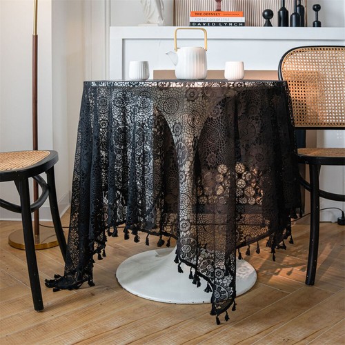 Mantel negro ganchillo borla comedor rectangular mantel cubierta mesa - Imagen 7 de 18