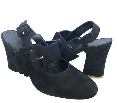 Girotti New $325 Sz 10.5 M 41 Black Goat Suede Buckle High Heel Slingback Pumps