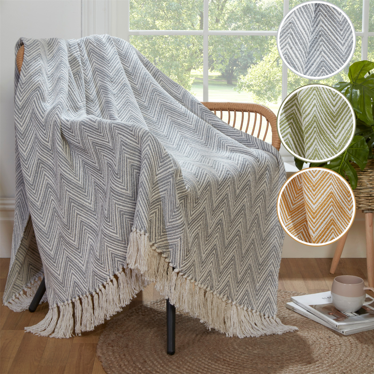 Striped Throw Herringbone Blanket Throwover for Bed Sofa Fringed