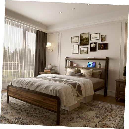 Full Size Metal Bed Frame with Storage Headboard USB AC Ports Heavy Duty Support