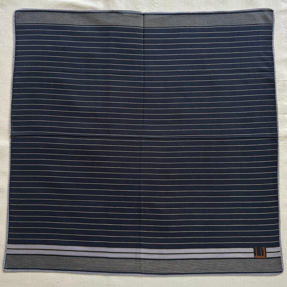 Lenço vintage Dunhill azul marinho listrado horizontal algodão bolso quadrado 18" - Imagem 2 de 3