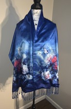 Story Of Shanghai 100 Silk Scarf 19in X 66 In Blue Floral Print NWT