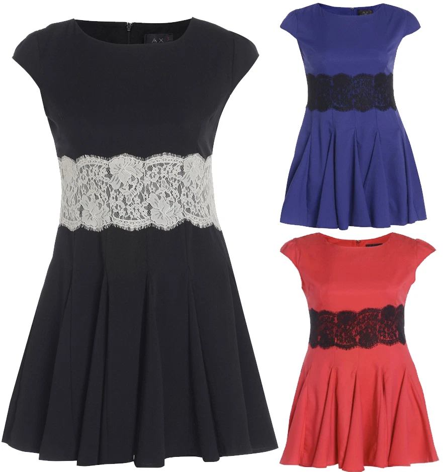 New Womens Plus Size Lace Wait Flared Pleat Skater Dress Going Out