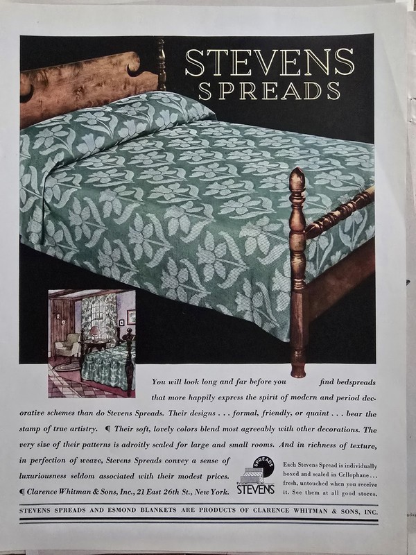 1932 Stevens Spreads Green Bedspread Floral Design Print Vintage Ad