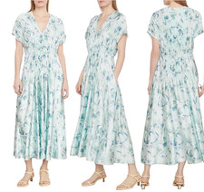 VINCE Flora Floral Print Crushed Pleat V-Neck Pocket Midi Dress L Pale Lagoon