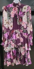 Alex Marie Size 2 Purple Embroidered Floral Ruffled High-Low Midi Dress