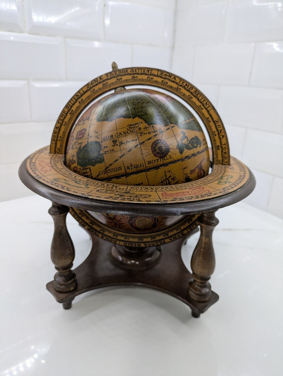 Vtg Old World Spinning Globe Astrology Zodiac Carved Wood Stand 11