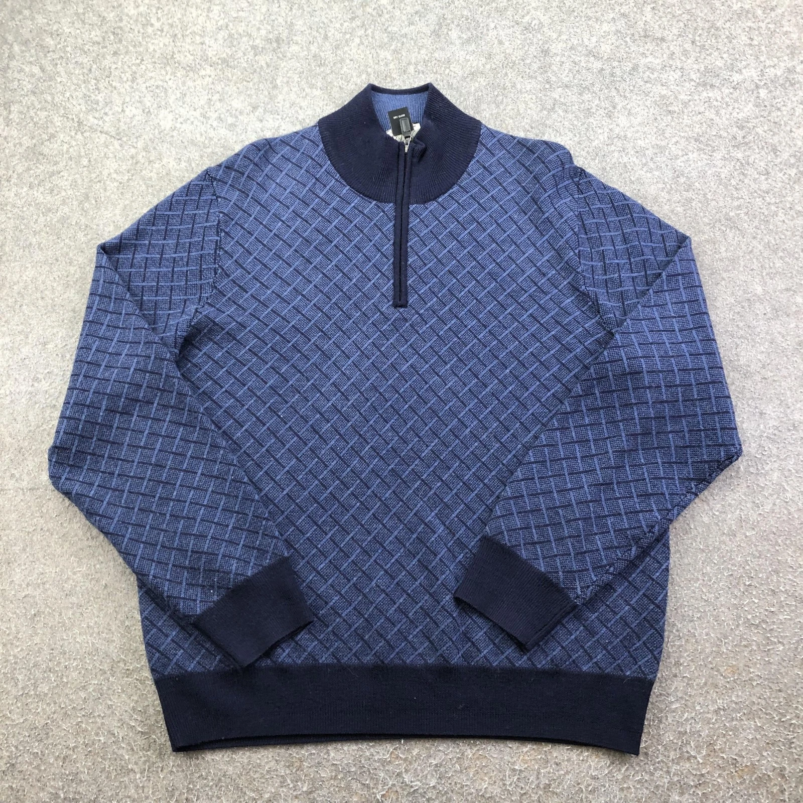 Jos. A. Bank Sweater Mens Medium Blue 1/4 Zip Mock Neck Merino Wool Geometric