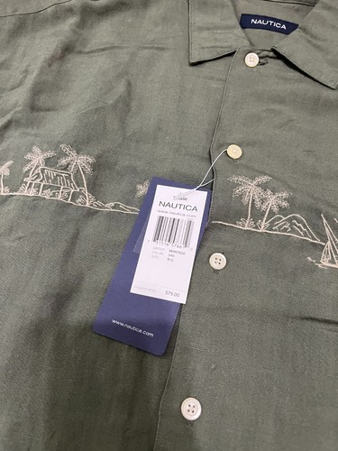 Camicia Nautica manica corta con bottoni misto lino uomo taglia XL verde nuova con etichetta $79 - Foto 3 di 4