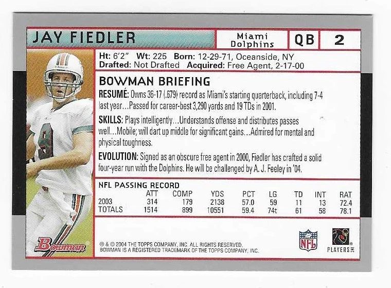 2004 Bowman Jay Fiedler Miami Dolphins Football Card #2 - Image 2 of 2