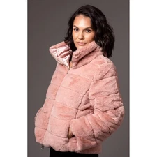 MY ANORAK Pink Faux Fur Puffer Jacket High Neck Zip Front Women's XS