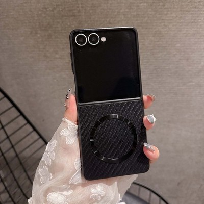 Magnetic Case For Samsung Galaxy Z Flip7 6 5 4 3 Carbon Fiber Texture Slim Cover