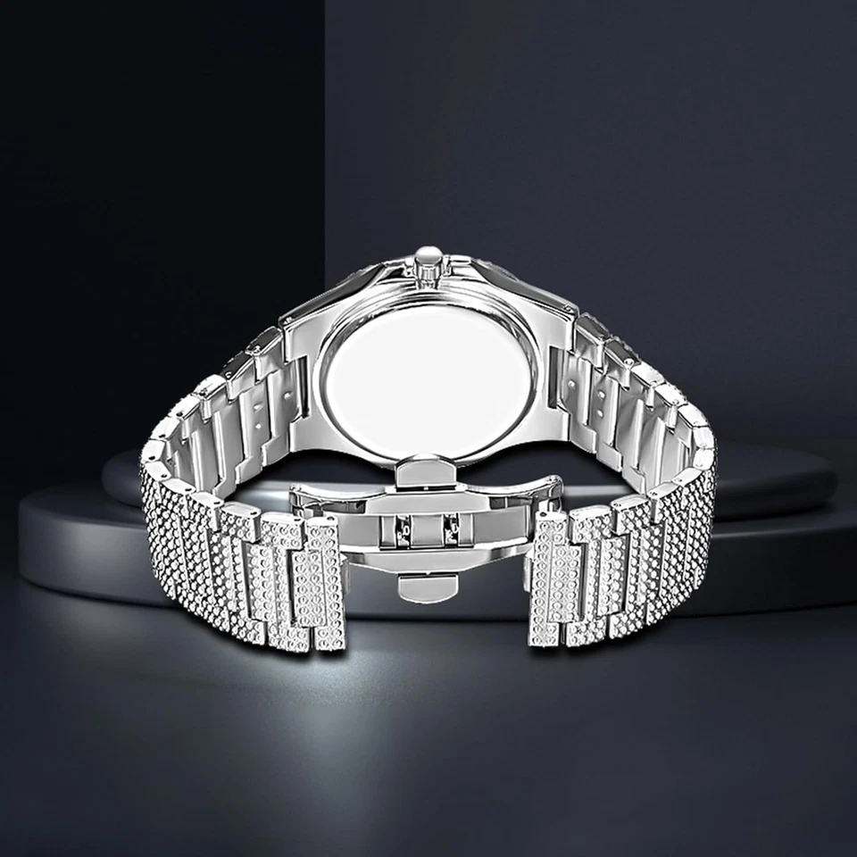 Relojes de lujo unisex de cristal con diamantes cara grande para mujer y hombre de cuarzo plateado  Foto 3 de 4