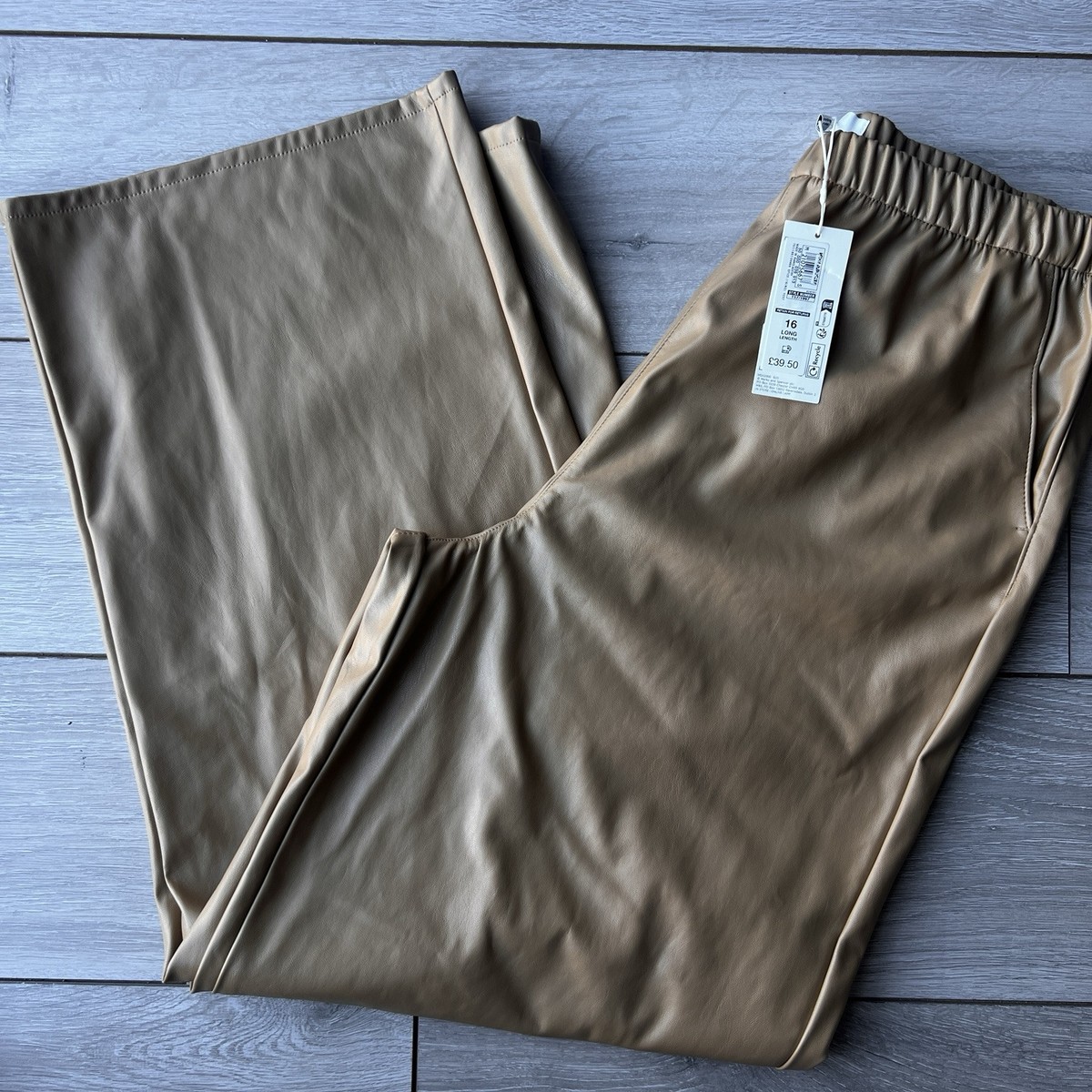 M&S FAUX LEATHER Look WIDE Leg Elasticated Waist Trousers with - Main Image