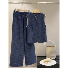 Women 2pcs Sets Vest Long Wide Leg Pants Summer Waistcoat Trousers Sleeveless OL