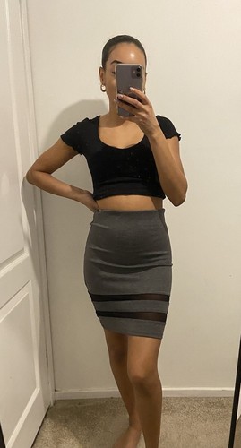 H&M Grey Pencil Skirt Size XS Black Mesh Workwear Womens Clothing Fitted Stretch