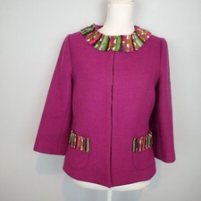 Boden Purple Wool Blend Ribbon Accent Jacket blazer 3/4 sleeve