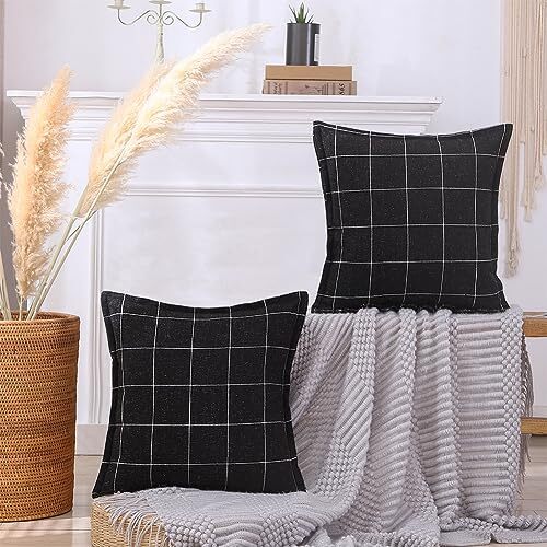Black and White Plaid Boho Throw 18x18 Inches Black & Beige Plaid Set of 2 - Picture 1 of 7