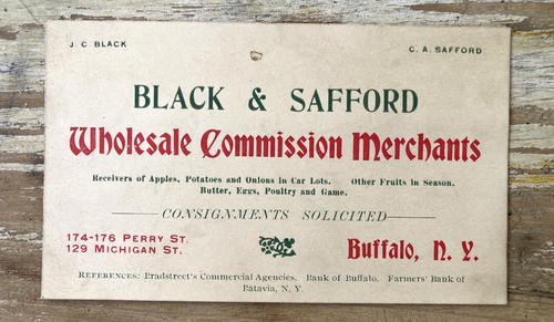 Antigua tarjeta de visita de papel efímero Black & Safford manzanas al por mayor 1910 - Imagen 1 de 2