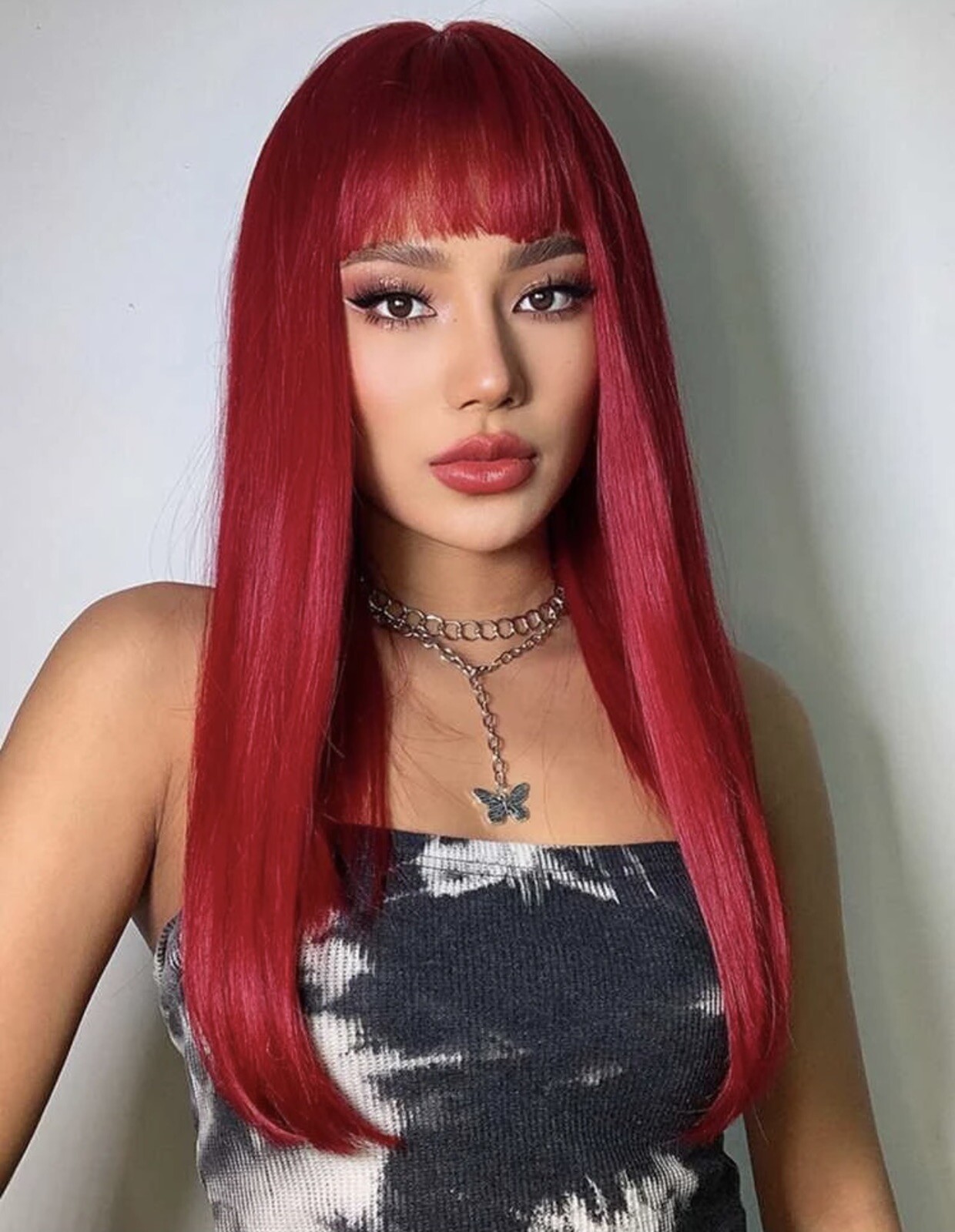 Perruque synthétique rouge lisse et longue sans nœuds pour femme
