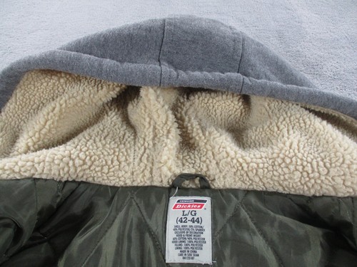 Dickies Jacket Mens Large Green Canvas Work Coat Sherpa Hood Full Zip Snap Over - Picture 4 of 12
