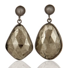 Black Rhodium 925 Silver Faceted Pyrite Gemstone Bezel Set Dangle Earrings