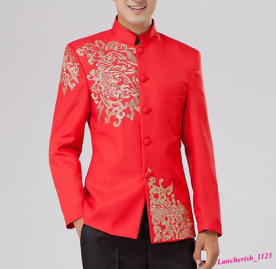 ジャケット・アウター Ethnic Embroided Design No Collar Jacket Mens Embroidery Tang Suit Chinese Coat Wedding Slim Fit