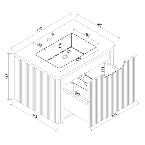 ACA Wall Brown Bath MDF Ripple Vanity Single Drawer Insert Ceramic Basin 610mm - Picture 6 of 6