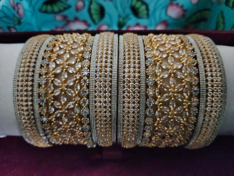 Women Golden Bangles Chuda Wedding AD Stone Baguette Bangle 10 Pisces Bracelet