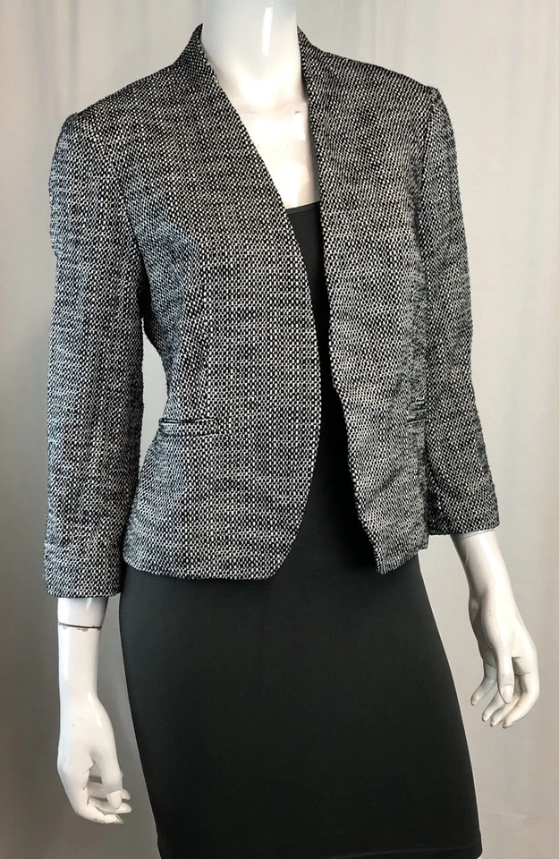 Chaqueta Blazer $118 Ann Taylor Loft Para Mujer’s 10 Negra Blanca Tejida a Cuadros Frente Abierto Foto 2 de 4