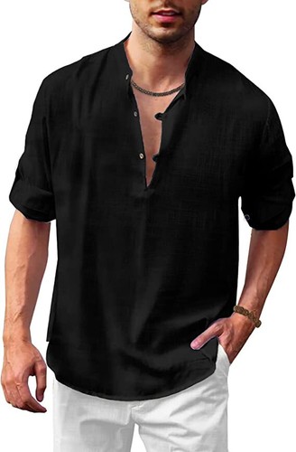 Camiseta Henley de manga larga para hombre Camisa informal de lino de algodón Camisas hippies de playa - Imagen 23 de 31