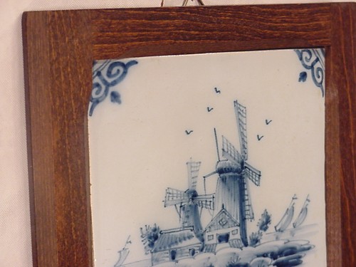 Dutch Delft Delftblue wall tile wood framed ship windmill sailing boats Holland - Picture 9 of 10