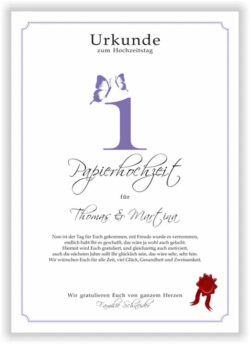 1. Hochzeitstag Papierhochzeit Urkunde personalisierte Geschenkidee 1 Jahrestag