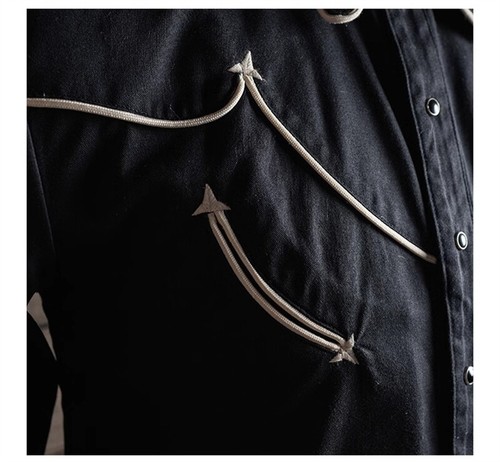 Camisa vaquera de peso pesado negra bordada para hombre sin stock camisa occidental de músico - Imagen 8 de 28