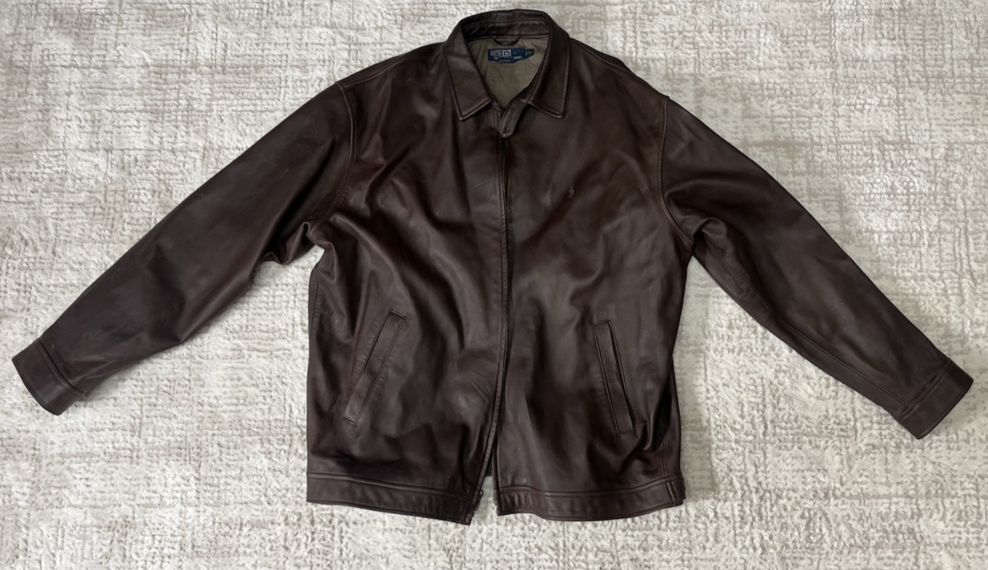 Polo Ralph Lauren Giacca di Pelle Marrone Uomo XL Logo Pony