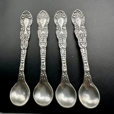 Miniature Salt Cellar Spoon Rococo Sterling Silver Repousse Floral Handle Set 4
