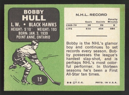 1970-71 Topps Bobby Hull #15 - Chicago Blackhawks - Vintage HOF EX-MT - 第 2/2 張圖片