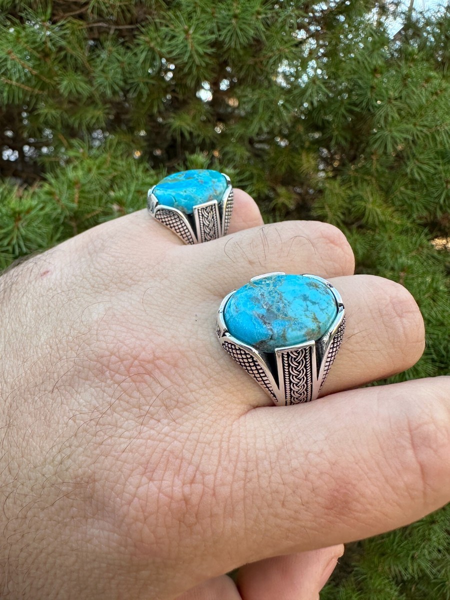 Mens Real Solid 925 Sterling Silver Blue Turquoise Natural
