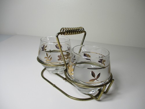 Vintage Libbey Glass Sugar & Creamer Caddy Set Gold Leaves FROSTED GLASS - Picture 3 of 12
