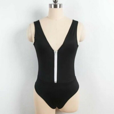 Damen Body Reißverschluss Catsuit Unterhemd Ärmellos Hellbraun Top Overall Sexy