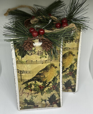 Metal Finch Bird Tin Garden Christmas Tree Ornament Hollies Musicnote 3-pc Lot